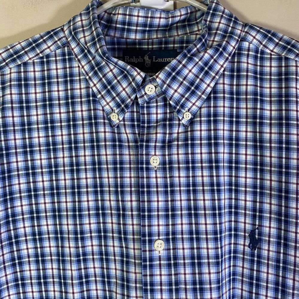 Ralph Lauren Dress Shirt  Mens 2XL Blue Check Plaid Button Down Pony